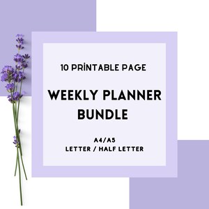 Peut inclure: Un lot de planificateurs hebdomadaires imprimables en violet et blanc avec des fleurs de lavande. Le texte sur l'image est "10 Printable Page Weekly Planner Bundle A4/A5 Letter/Half Letter".