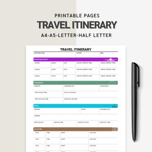 Modelo de itinerário de viagem para impressão, planejador de viagens, planejador de férias para impressão, cronograma de viagens, tamanho A4/A5/carta/meio, download instantâneo