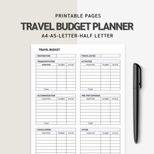 Planejador de orçamento de viagem para impressão, planejador financeiro, modelo de planilha de gastos de viagem, planejador de orçamento de férias, A4/A5/carta/meia carta, PDF