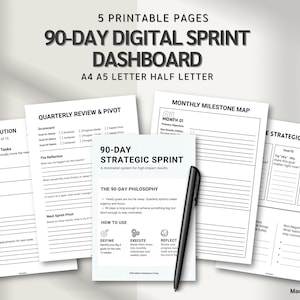 Puede incluir: Un conjunto de cinco páginas imprimibles para un panel de control de sprint digital de 90 días. Las páginas incluyen secciones para la ejecución semanal, la revisión trimestral, los hitos mensuales y la visión estratégica. Un bolígrafo negro descansa sobre las páginas.