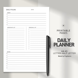 Op de afbeelding: Printbare dagelijkse plannerpagina met secties voor "Vandaag", "Belangrijke lijst", "Persoonlijke lijst" en "Notities". De pagina is ontworpen voor A4- of A5-papier en is ook verkrijgbaar in de formaten Letter en Half Letter.
