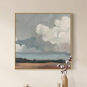 May include: Abstract landscape painting with a blue, gray, and white color scheme. The painting depicts a mountain range, a body of water, and a cloudy sky.
