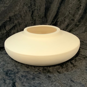 May include: A white ceramic bowl with a wide, shallow base and a rounded rim. The bowl is smooth and has a matte finish.