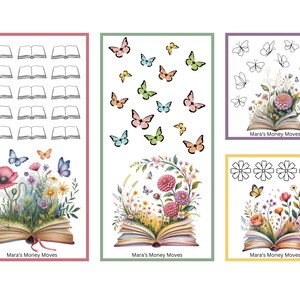 May include: A collection of colorful planner stickers featuring open books, butterflies, and floral arrangements. The stickers have a watercolor style and include the text "Mara's Money Moves".