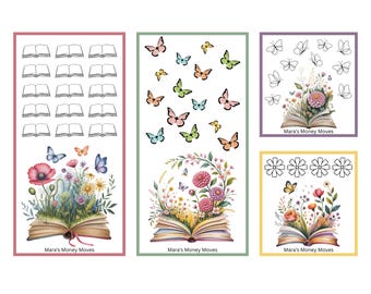 May include: A collection of colorful planner stickers featuring open books, butterflies, and floral arrangements. The stickers have a watercolor style and include the text "Mara's Money Moves".