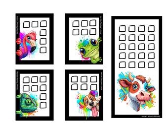 May include: Set of five colorful digital art prints featuring cartoon animals: a flamingo, frog, chameleon, dog, and cow. Each animal peeks out from behind a black frame with a grid of squares. The text "Mara's Money Moves" is visible.