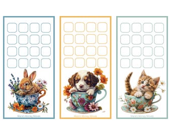 May include: Three digital planner templates featuring watercolor illustrations of a bunny, puppy, and kitten in teacups surrounded by flowers. Each template has a grid of blank squares at the top. The text "Mara's Money Moves" is at the bottom.