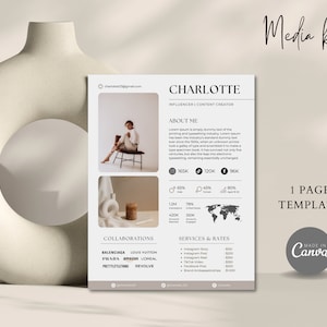 Kit média 1 page |  Kit média épuré et minimaliste | Kit média Instagram TikTok Facebook | Créateur de contenu | Kit média influenceur | Grille tarifaire