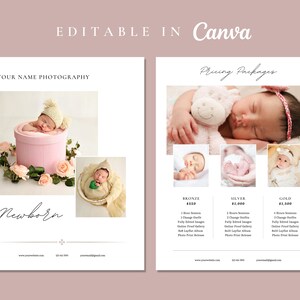 Newborn Pricing Guide | Photography Pricing Guide | 2 Page Templates | Canva Editable | Price Sheet Template | Pink Template