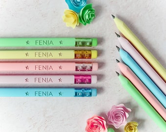 Bleistift mit Namen graviert | Geschenkidee für Kinder | Personalisierter Bleistift | Pastell Bleistifte mit Radiergummi | Einschulung