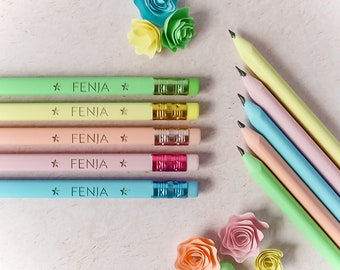 Bleistift mit Namen graviert | Geschenkidee für Kinder | Personalisierter Bleistift | Pastell Bleistifte mit Radiergummi | Einschulung