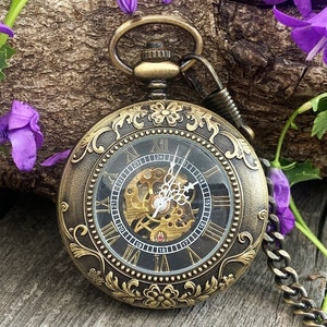 Pocket Watch Chain Box Half Hunter Skeleton Vintage Mechanical Pocket Watches Man Ladies Bronze Steampunk Taschenuhr Montre Gousset De Poche