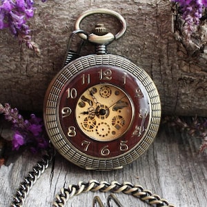 Pocket Watch Chain Box Half Hunter Skeleton Vintage Mechanical Pocket Watches Man Bronze Wooden Steampunk Taschenuhr Montre Gousset De Poche