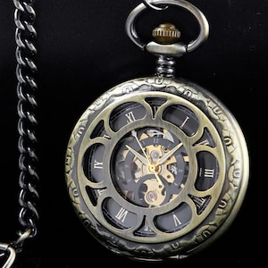 Pocket Watch Chain Box Half Hunter Skeleton Vintage Mechanical Pocket Watches Man Black Blue Steampunk Taschenuhr Montre Gousset De Poche