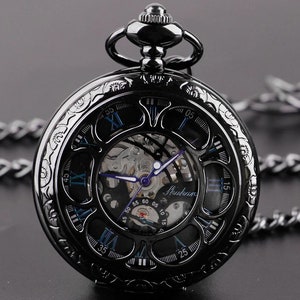Pocket Watch Chain Box Half Hunter Skeleton Vintage Mechanical Pocket Watches Man Black Blue Steampunk Taschenuhr Montre Gousset De Poche