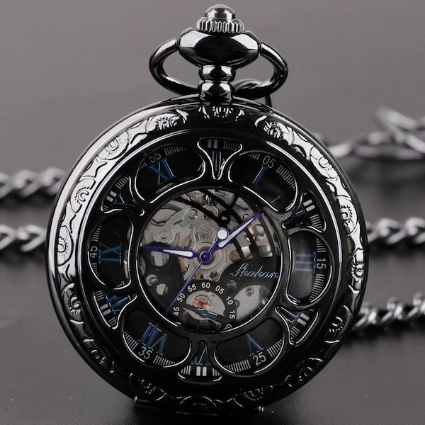 Black Skeleton Pocket Watch, Half Hunter Mechanical Steampunk Watch