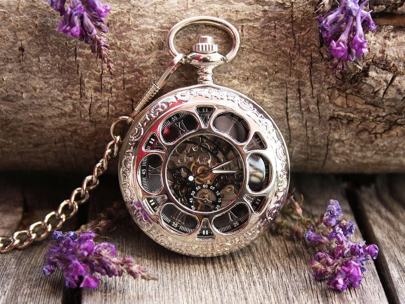 Pocket Watch Chain Box Half Hunter Skeleton Vintage Mechanical