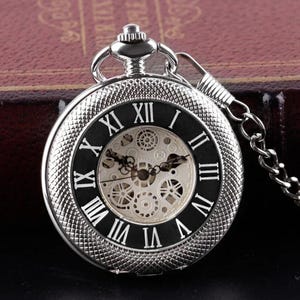Pocket Watch Chain Box Half Hunter Skeleton Vintage Mechanical Pocket Watches Man Black Silver Steampunk Taschenuhr Montre Gousset De Poche