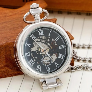 Pocket Watch Chain Box Half Hunter Skeleton Vintage Mechanical Pocket Watches Man Silver Black  Steampunk Taschenuhr Montre Gousset De Poche