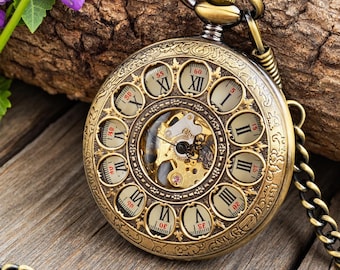 Bronze Half Hunter Pocket Watch, Mechanical Steampunk Skeleton
