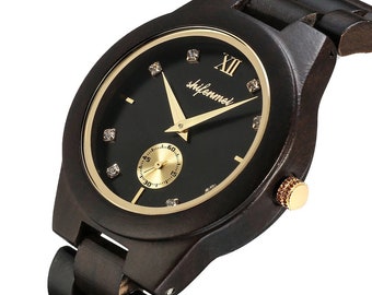 Ebony Wooden Watch: Gold Detail, Japanese Quartz Movement