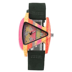 May include: A colorful wooden wristwatch with a unique triangular face. The watch features a rainbow-striped face with black hands and numerals. The watchband is dark green leather. The watch case is a mix of pink, orange, and yellow.