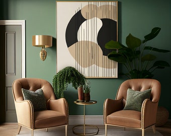 Japandi muurkunst wanddecoratie | Scandinavische kunst aan de muur | Minimaal abstract beige zwart wit | Matte verticale poster