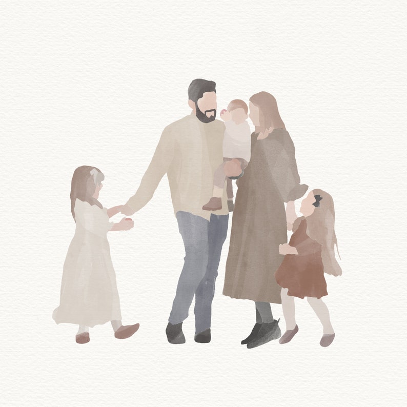 May include: Watercolor illustration of a family of five. The parents are standing with their three children. The color palette is soft, with beige, brown, and blue tones. The style is minimalist and artistic.
