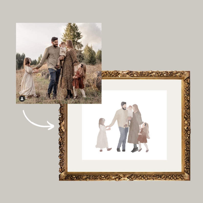 May include: A framed family portrait with a gold ornate frame. The watercolor-style artwork depicts a family of five, with two parents and three children. The original photograph is shown in the upper left corner.