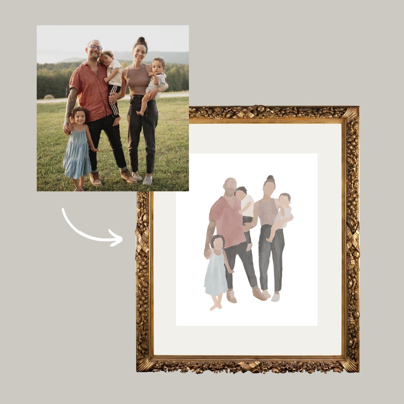 May include: A framed family portrait with a gold ornate frame. The artwork is a watercolor-style illustration of a family of five. The original photograph is in the upper left corner, showing the family in a field.