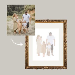 May include: A framed family portrait with a gold ornate frame. The artwork depicts a family of six in a minimalist style, with soft, neutral colors. The original photograph is shown in the upper left corner, with an arrow pointing to the artwork.