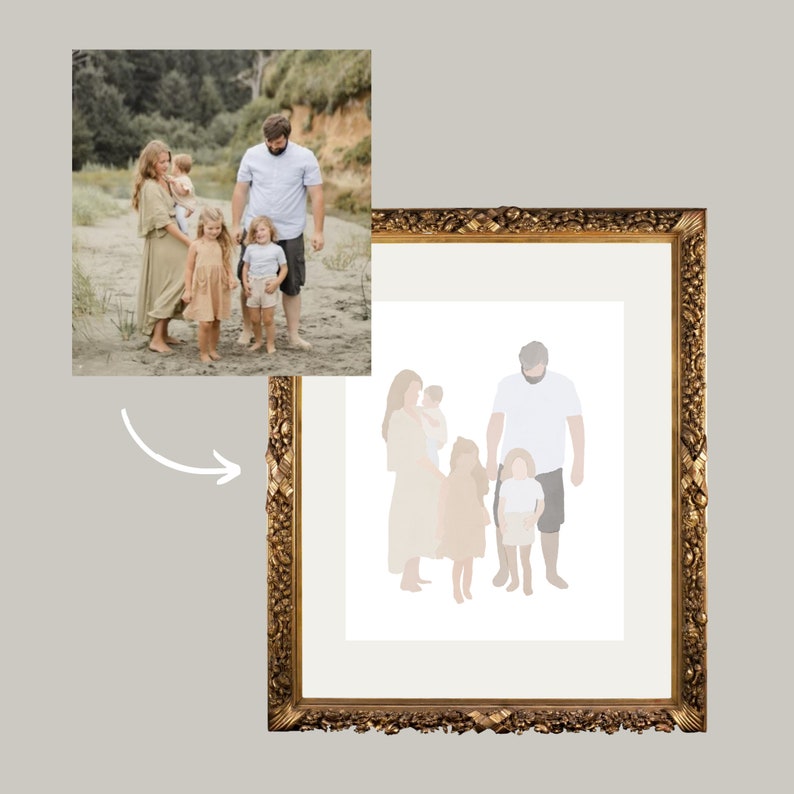 May include: A framed family portrait with a gold ornate frame. The artwork depicts a family of six in a minimalist style, with soft, neutral colors. The original photograph is shown in the upper left corner, with an arrow pointing to the artwork.