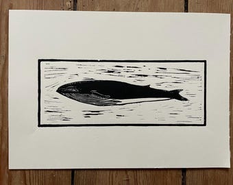 Whale Linocut Print: Original Hand-Printed Art (DIN A4)