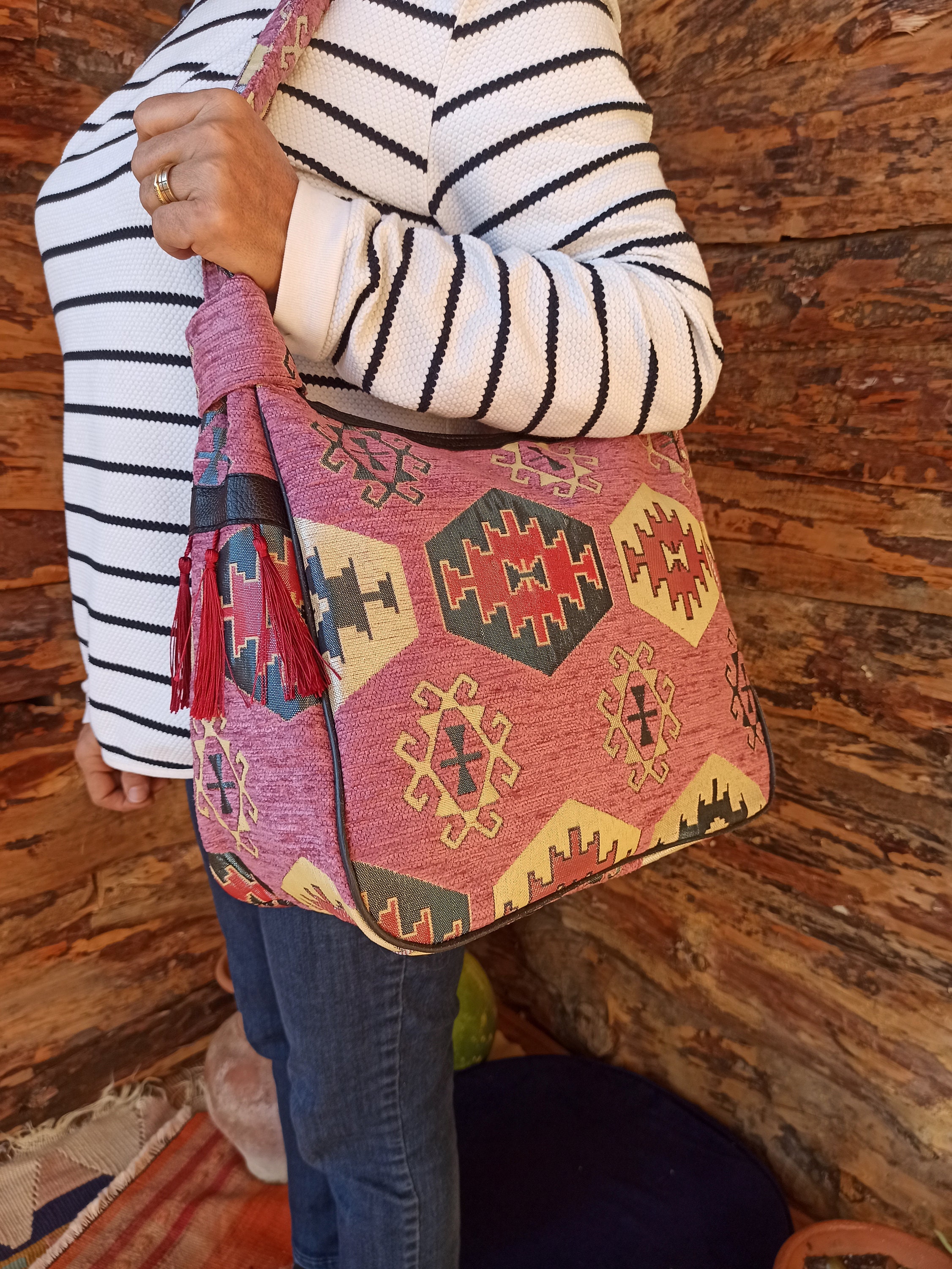 Leather Kilim Travel Bag Moroccan handmade vintage carpet unisex Weekend  Medium | eBay