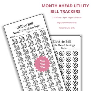 Könnte beinhalten: Zwei weiße Rechnungsverfolgungsbögen mit schwarzem Text und Illustrationen. Ein Bogen ist mit "Utility Bill" und der andere mit "Electric Bill" beschriftet. Oben im Bild steht "Month Ahead Utility Bill Trackers."