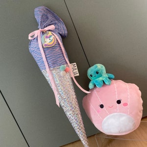 Schultüte mit Namen aus Stoff | Zuckertüte für Mädchen Personalisierbar „JIPPIE MERMAID" wave blau lila Meerjungfrau glitzer