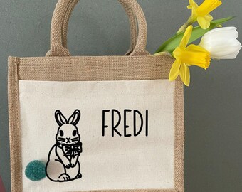 Ostertasche mit Namen | personalisierte Osterbeutel | Ostergeschenk | Osterkorb | Hasenbeutel Jutetasche für Kinder „JIPPIE EASTER BAG“ boys