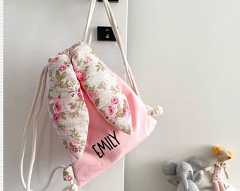 Kinderturnbeutel personalisiert mit Namen | Kitabeutel| Turnbeutel | Hase mit Hasenohren rosa aus Stoff | -JIPPIE BUNNY BAG