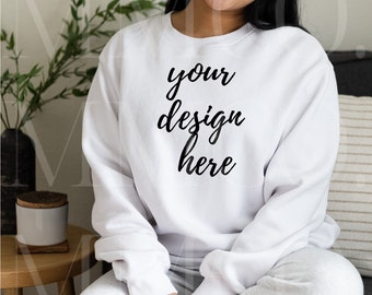 Minimalist Mockup White Gildan Crewneck Sweater || Crewneck Minimal Mockup, Gildan Sweater Mockup, Minimal Stylish Mockup