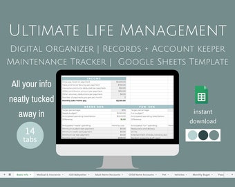 Puede incluir: Una pantalla de ordenador que muestra una plantilla de Google Sheets para gestionar las finanzas personales. La plantilla se titula "Ultimate Life Management" e incluye pestañas para información básica, médica y seguros, ICE-babysitter, cuentas de nombres de adultos, cuentas de nombres de niños, mascotas, vehículos, presupuesto mensual y contraseña. La plantilla está diseñada para ayudar a los usuarios a hacer un seguimiento de sus ingresos, gastos y ahorros.