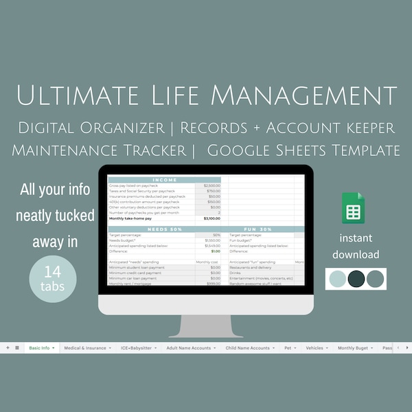 Ultimate Life Management Digital Organizer | Records + Account keeper |Maintenance Tracker |  Google Sheets Template