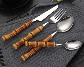 Luxurious handmade cutlery with sustainable bamboo handle, silver-plated cutlery, gold-plated cutlery, bamboo cutlery set