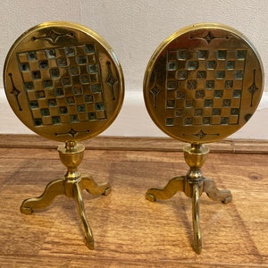 Antique pair of late Georgian/ early Victorian Round Chess themed solid brass table top tilt candle reflectors