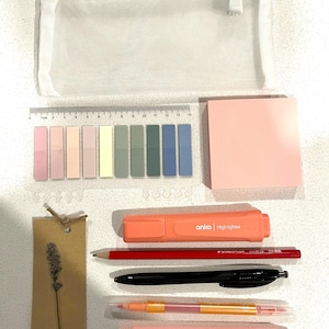 May include: A white mesh pencil case, a pink sticky note pad, a ruler, a set of colourful sticky notes, a pink highlighter labelled "onico highlighter", a red pencil, a black pen, two pink and gold double-ended pens, and a pink pen.