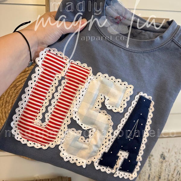 Camiseta y sudadera con encaje de EE. UU. // Suéter con apliques del 4 de julio // Apliques personalizados // Top del 4 de julio // Ropa del 4 de julio