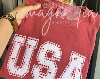 Vintage Cherry USA Applique Tshirt || Fourth of July Monogram Top || || Vintage Flag Shirt || 4th of July Apparel