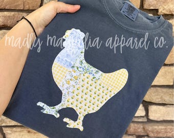 Springtime Patchwork Chicken Tshirts || Embroidered Chicken Shirt || Applique Chickens || Gift for Chicken Lovers || Chicken Obsessed