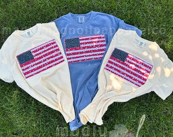 Quilted USA Flag Applique Tshirt || Fourth of July Monogram Top || || Vintage Flag Shirt || 4th of July Apparel