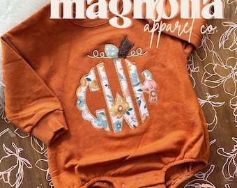 Monogram Floral Pumpkin Bubble Rompers & Sweatshirts || Baby Toddler Fall Romper || Monogramed Sweatshirt || Embroidered Pumpkin Monogram