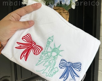 Coquette Bows & Lady Liberty Tee || Fourth of July Monogram Top || Independence Day Embroidered Shirt || 4th of July Apparel